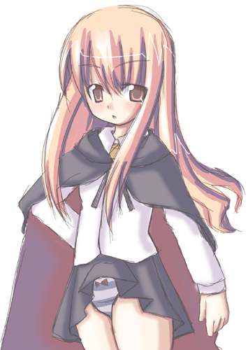 louise francoise le blanc de la valliere, zero no tsukaima, artist request, lowres, 00s, blush, cape, long hair, panties, pink hair, striped clothes, striped panties, underwear