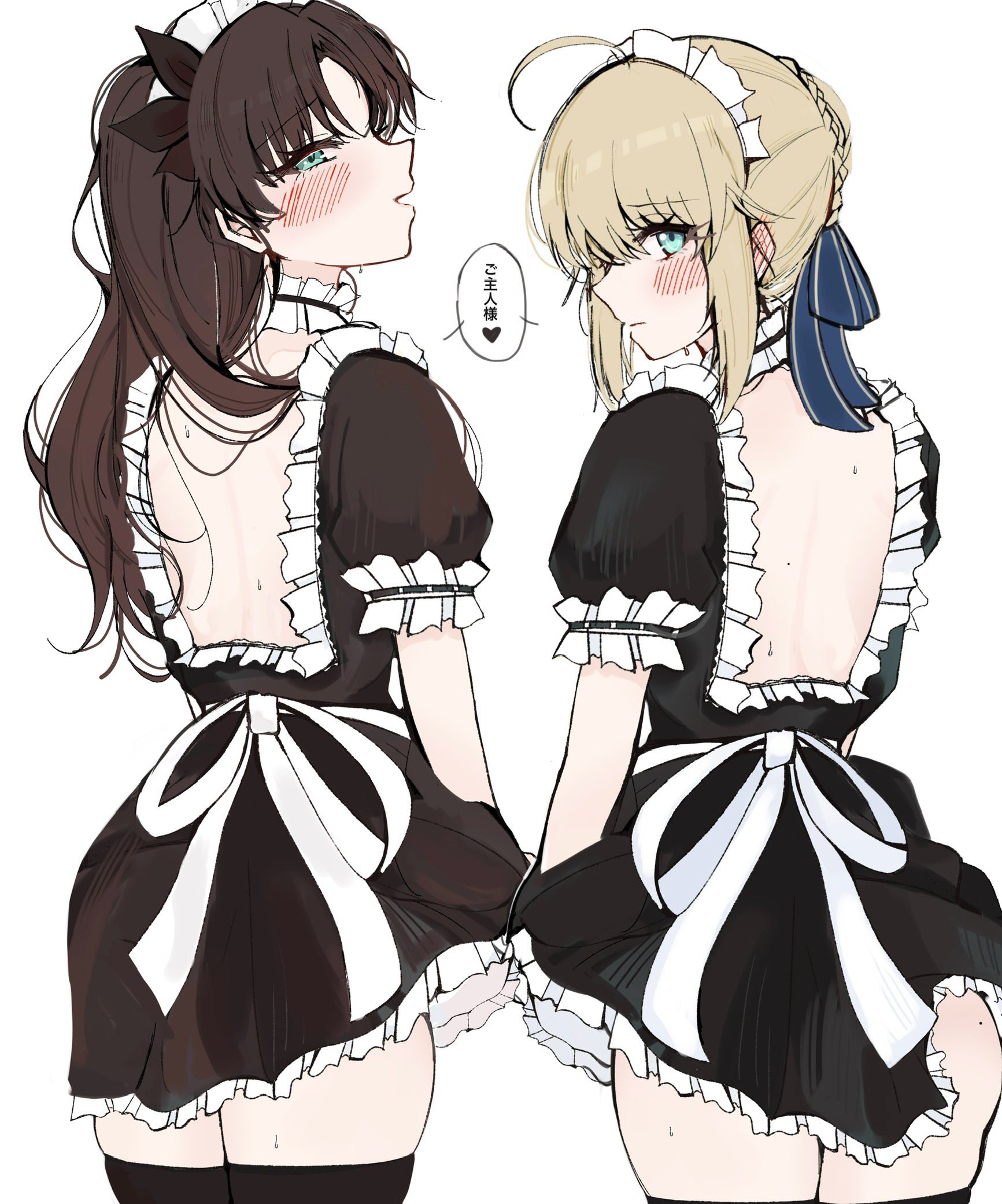 hayato hoshi604, artoria pendragon (fate), saber (fate), tohsaka rin, fate/grand order, fate (series), commentary, commentary request, highres, 2girls, ahoge, apron, black thighhighs, blonde hair, blue eyes, blush, braid, clothes pull, cowboy shot, dress, frilled dress, frills, from behind, long hair, looking at viewer, looking back, maid, maid apron, maid headdress, multiple girls, parted lips, sidelocks, simple background, single braid, speech bubble, thighhighs, upper body, white background, zettai ryouiki