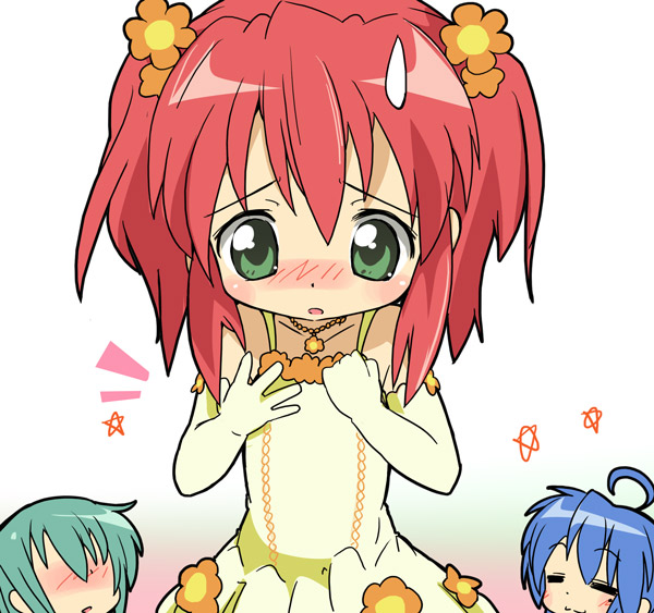 ixy, iwasaki minami, izumi konata, kobayakawa yutaka, lucky star, 00s, 3girls, ahoge, blue hair, blush, breast conscious, cousins, dress, flat chest, green eyes, green hair, mole, mole under eye, multiple girls, red hair, short hair, short twintails, twintails