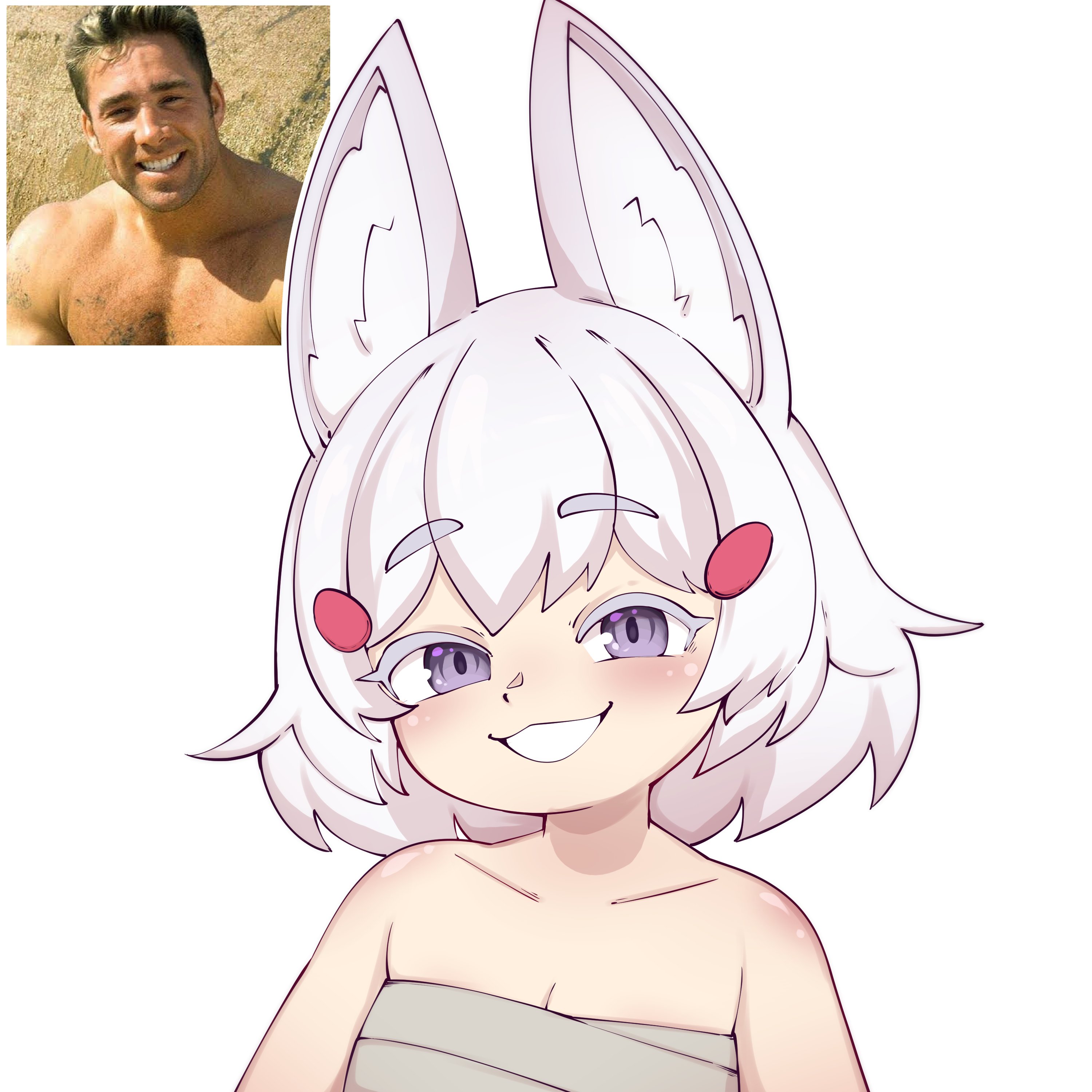 mossyartburger, billy herrington, tenma maemi, phase connect, absurdres, commentary, english commentary, highres, photo-referenced, 1girl, animal ear fluff, animal ears, chest sarashi, colored eyelashes, fox ears, fox girl, looking at viewer, photo inset, purple eyes, sarashi, short hair, simple background, solo, upper body, virtual youtuber, white background, white hair, white mouth