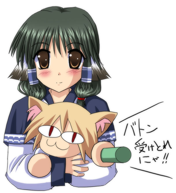 jun (aoerm), arcueid brunestud, aruruu, neco-arc, neko arc, tsukihime, utawarerumono, translation request, 00s, 2girls, animal ears, blush, brown eyes, cat ears, circle hands, crossover, green hair, hairband, hug, japanese text, long hair, low twintails, multiple girls, red eyes, red hairband, red pupils, short hair, simple background, size difference, twintails, white background