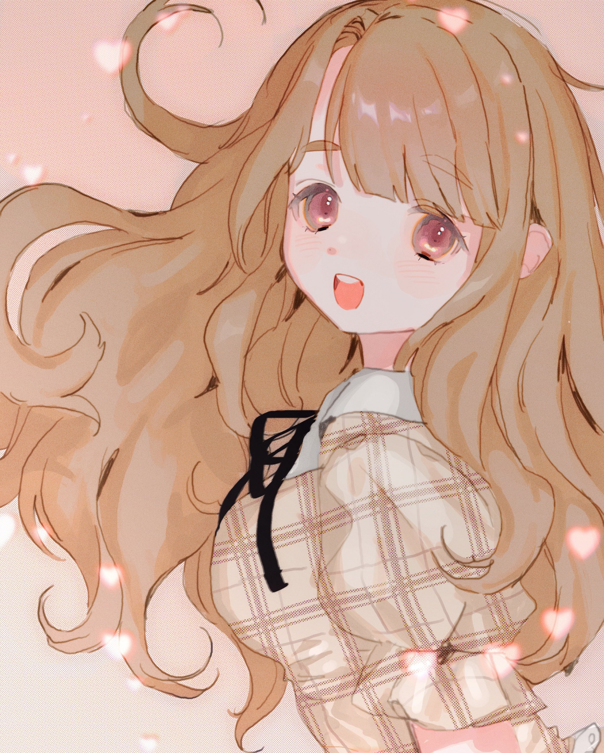 iiyoiindayo, miyao miya, idolmaster, idolmaster million live!, idolmaster million live! theater days, fluffy hair, absurdres, highres, 1girl, :d, asymmetrical bangs, black ribbon, blunt bangs, brown dress, brown hair, dress, frilled sleeves, frills, from side, gradient background, heart, light blush, neck ribbon, open mouth, parted bangs, pink background, plaid clothes, plaid dress, puffy short sleeves, puffy sleeves, red eyes, ribbon, short sleeves, smile, solo, teeth, thick eyebrows, upper teeth only, wavy hair, wing collar