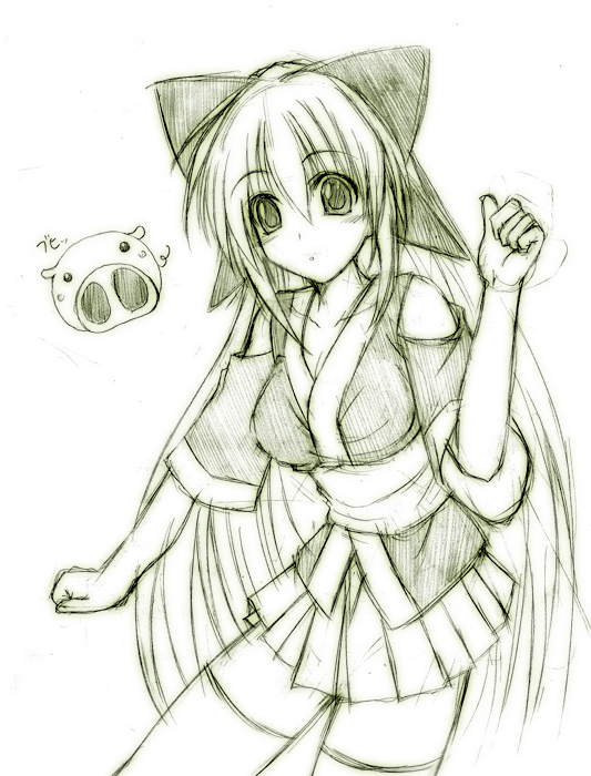 hagane soushi, suzu (nagasarete airantou), tonkatsu (nagasarete airantou), nagasarete airantou, 00s, long hair, miniskirt, monochrome, ribbon, sketch, skirt, thighhighs