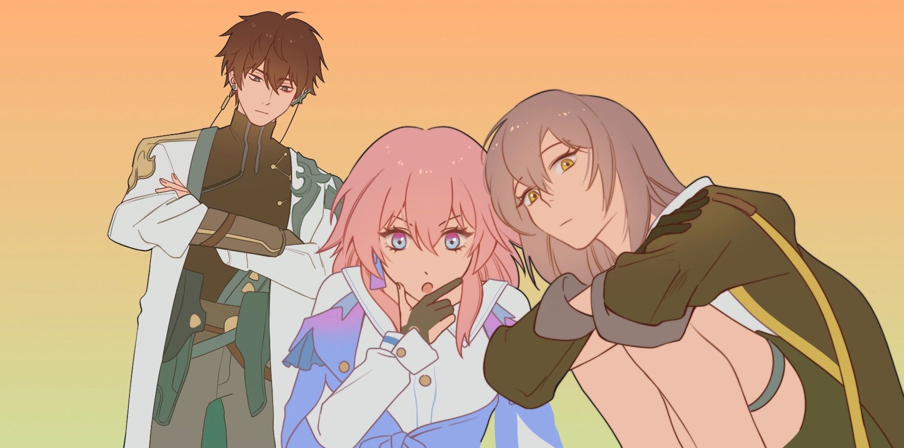 mian spnoodle, dan heng (honkai: star rail), dan heng (hunt) (honkai: star rail), march 7th (honkai: star rail), march 7th (preservation) (honkai: star rail), stelle (honkai: star rail), trailblazer (honkai: star rail), honkai: star rail, honkai (series), chinese commentary, commentary request, highres, 1boy, 2girls, black coat, black gloves, black hair, black shirt, black skirt, blue eyes, blue jacket, buttons, chinese clothes, closed mouth, coat, collared shirt, constellation print, cowboy shot, crossed arms, earrings, eyeliner, fingernails, gloves, gradient background, green background, green coat, green eyes, grey gloves, grey hair, grey pants, hair between eyes, hand on own chin, hand up, jacket, jewelry, long hair, long sleeves, looking at another, looking at viewer, looking down, makeup, multicolored eyes, multiple girls, open clothes, open coat, open jacket, open mouth, orange background, pants, partially fingerless gloves, pink hair, purple eyes, red eyeliner, shirt, short hair, sidelocks, single earring, single glove, sitting, skirt, standing, t-shirt, tassel, thigh strap, tied jacket, two-sided coat, two-sided fabric, v-shaped eyebrows, white coat, white shirt, yellow eyes