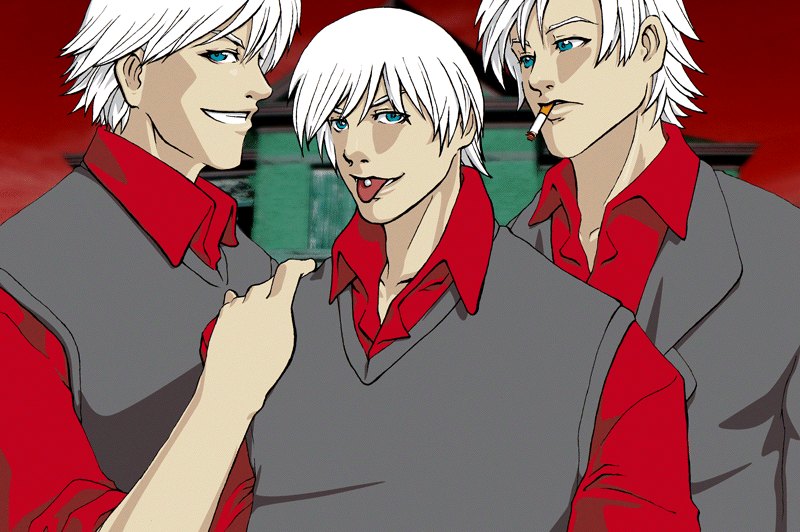 dante (devil may cry), capcom, devil may cry (series), 00s, 3boys, blue eyes, male focus, multiple boys, multiple persona, piercing, smoking, white hair