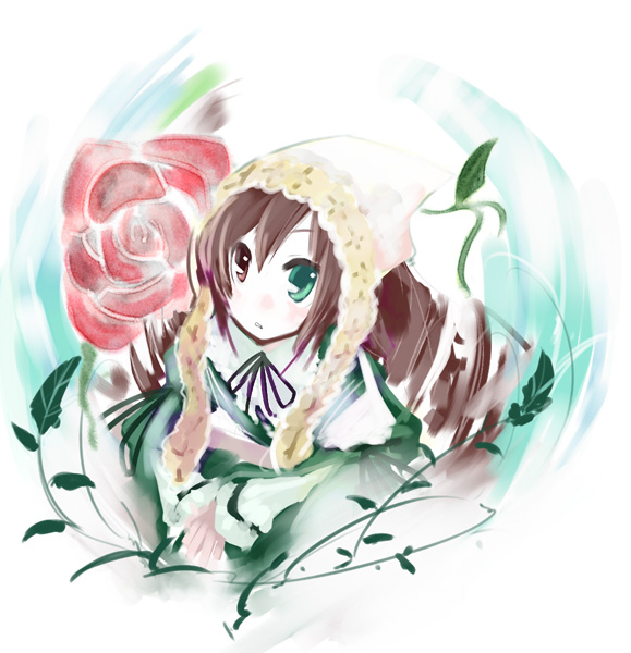 ushiki yoshitaka, suiseiseki, rozen maiden, 00s, 1girl, brown hair, dress, drill hair, flower, green dress, green eyes, hat, headscarf, heterochromia, lolita fashion, long hair, red eyes, rose, sitting, twin drills, twintails, very long hair, white headscarf