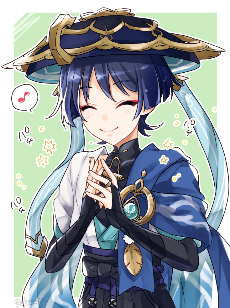 scaramouche (genshin impact), wanderer (genshin impact), genshin impact, 1boy, adxdm, anemo symbol (genshin impact), aqua gemstone, armor, belt, black belt, black bodysuit, black bow, black bridal gauntlets, black hair, black shorts, blue cape, blue hat, blue kimono, blue sleeves, blunt ends, blush, bodysuit, border, bow, bridal gauntlets, cape, closed eyes, closed mouth, eyeliner, eyeshadow, facing viewer, feathers, fingernails, furisode, gem, gold, gold ring, hands up, happy, hat, japanese armor, japanese clothes, jingasa, juban, kimono, kote, kurokote, layered sleeves, makeup, male focus, mandarin collar, middle ring, musical note, open clothes, open kimono, own hands together, pom pom (clothes), purple rope, purple sash, red eyeliner, red eyeshadow, rope, sash, short sleeves, shorts, shoulder peek, solo, spoken musical note, twitter username, upper body, vision (genshin impact), white border, white kimono, white sleeves, white trim, wispy bangs, yellow feathers