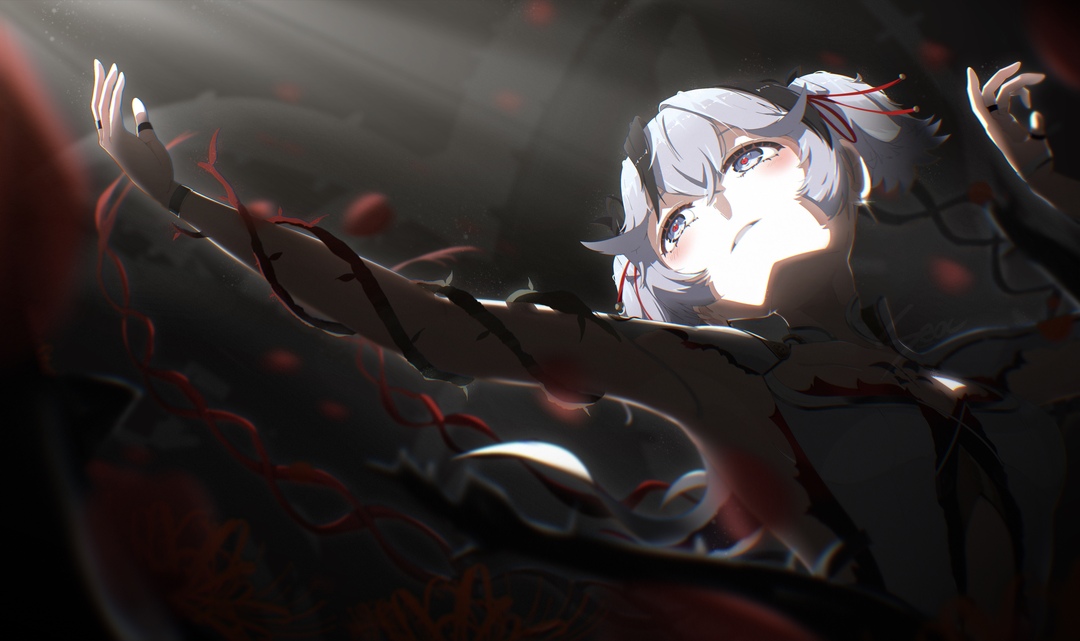 seoc studios, camellya (wuthering waves), wuthering waves, commentary, symbol-only commentary, 1girl, arm up, black eyes, breasts, collar, grey hair, hair between eyes, hair ribbon, hair vines, hand up, light blush, looking up, medium breasts, outstretched arm, parted lips, red pupils, red ribbon, ribbon, short hair, short twintails, solo, twintails, upper body, white collar