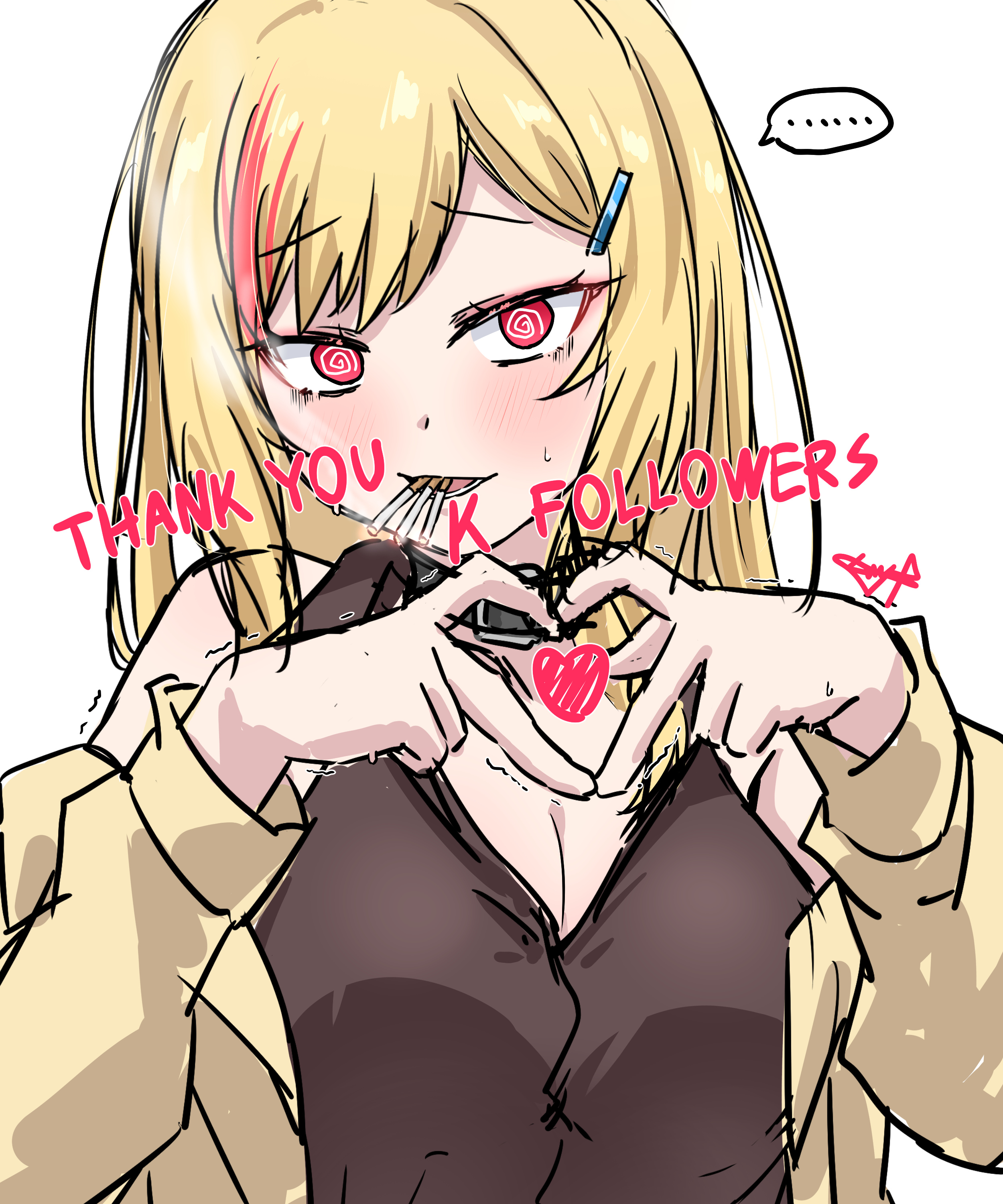mutsuki (mutsuki0110), original, absurdres, commentary, english commentary, highres, …, 1girl, @ @, black shirt, blush, breasts, brown jacket, cigarette, cleavage, four-finger heart hands, hair ornament, hairclip, heart, heart hands, heart in heart hands, jacket, long hair, milestone celebration, mouth hold, open clothes, open jacket, open mouth, red eyes, red streaks, shirt, signature, solo, spoken ellipsis, trembling