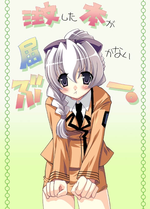 tajima yoshikazu, teletha testarossa, full metal panic!, 00s, 1girl, angry, black necktie, blush, braid, breasts, brown jacket, brown skirt, female focus, green background, grey eyes, jacket, long hair, long sleeves, looking at viewer, necktie, pout, purple hair, school uniform, serafuku, shirt, skirt, small breasts, solo, standing, white shirt