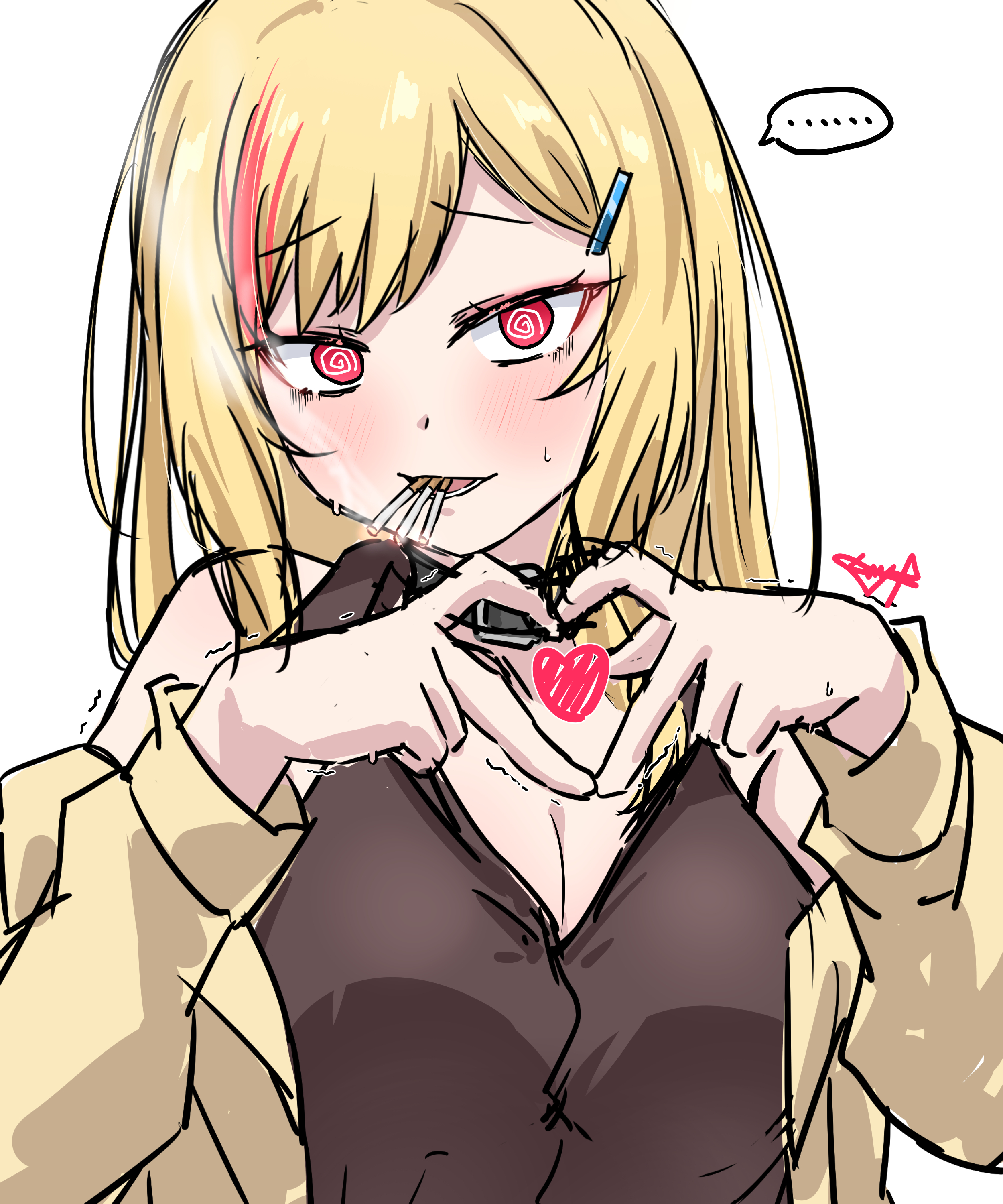 mutsuki (mutsuki0110), original, absurdres, commentary, english commentary, highres, textless version, …, 1girl, @ @, black shirt, blush, breasts, brown jacket, cigarette, cleavage, four-finger heart hands, hair ornament, hairclip, heart, heart hands, heart in heart hands, jacket, long hair, milestone celebration, mouth hold, open clothes, open jacket, open mouth, red eyes, red streaks, shirt, signature, solo, spoken ellipsis, trembling