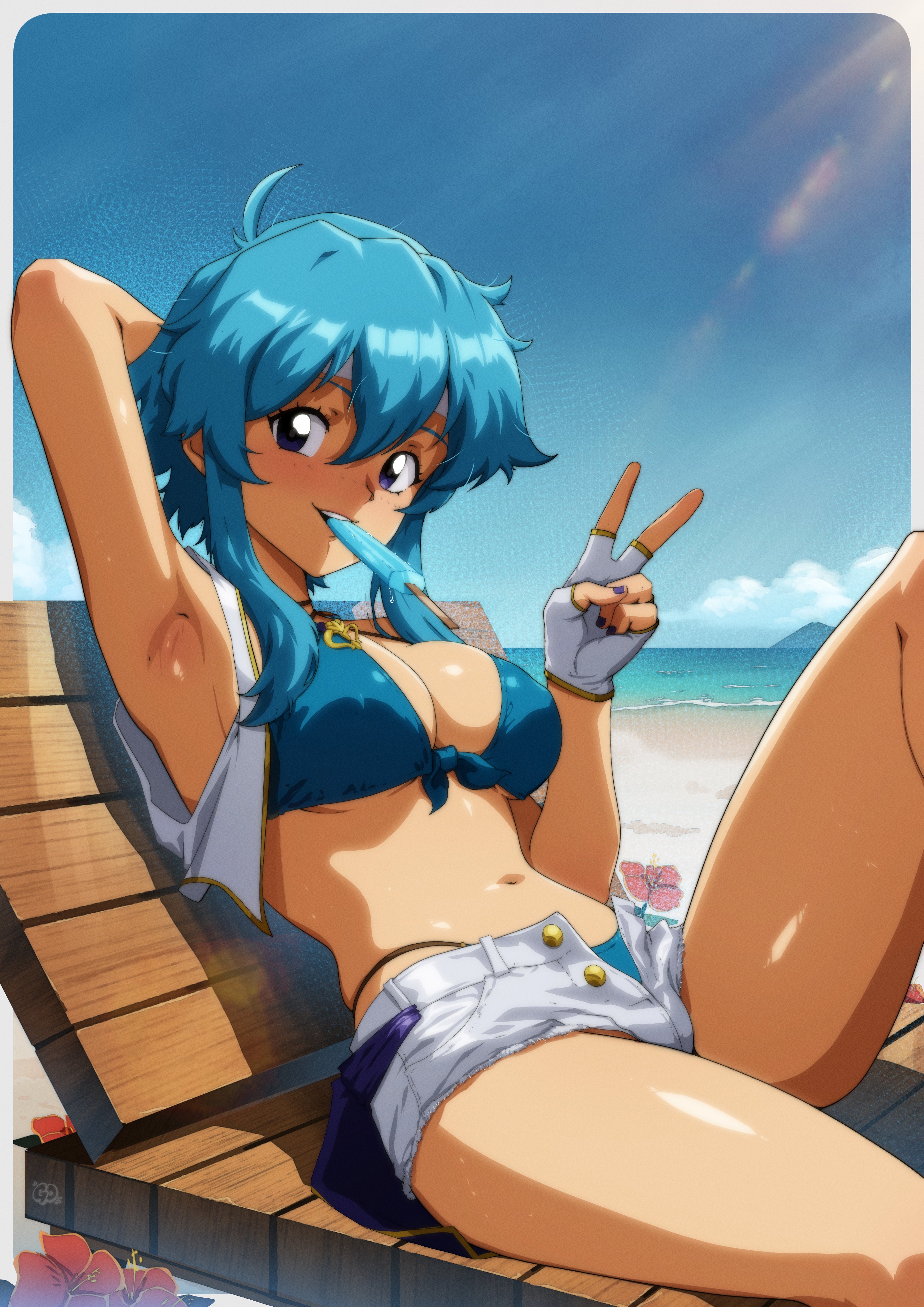 gravydood, selia (mrtalkingdino), fire emblem, fire emblem: genealogy of the holy war, nintendo, original, absurdres, commission, commissioner upload, highres, 1girl, ahoge, arm behind head, armpits, bare legs, beach, bikini, bikini under shorts, blue bikini, blue hair, blue sky, blush, breasts, chair, cleavage, cloud, fingerless gloves, flower, food, food in mouth, front-tie bikini top, front-tie top, gloves, grin, hair between eyes, headband, highleg, highleg bikini, holding, if they mated, jacket, jewelry, looking at viewer, lounge chair, lying, medium breasts, melting, melting popsicle, mouth hold, nail polish, navel, necklace, ocean, on back, open clothes, open fly, open jacket, open mouth, outdoors, popsicle, popsicle in mouth, purple eyes, purple nails, sand, shore, short hair, short shorts, shorts, sideboob, sidelocks, skindentation, sky, sleeveless, sleeveless jacket, smile, solo, stomach, string bikini, swimsuit, thighs, tomboy, underboob, v, water, white headband