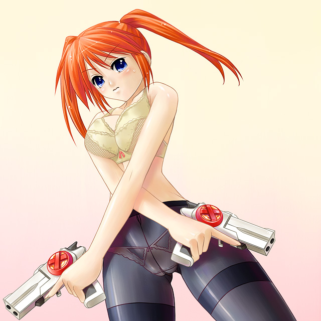 teana lanster, lyrical nanoha, mahou shoujo lyrical nanoha, 00s, 1girl, blue eyes, bra, breast press, breasts, cameltoe, cleavage, female focus, gun, hip focus, large breasts, lingerie, panties, pantyhose, red hair, see-through clothes, solo, sweat, thighs, twintails, underwear, weapon, yellow bra, yellow panties