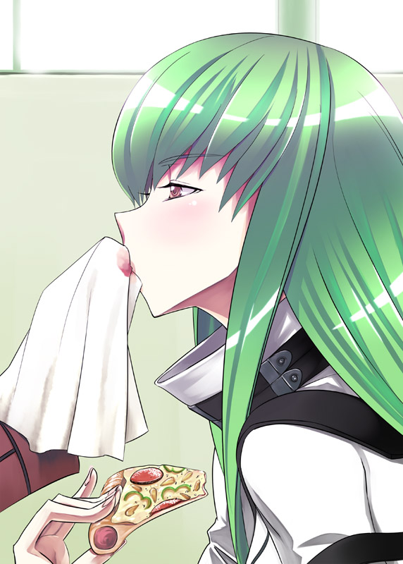 c.c., code geass, 00s, 1girl, eating, food, green hair, napkin, pizza