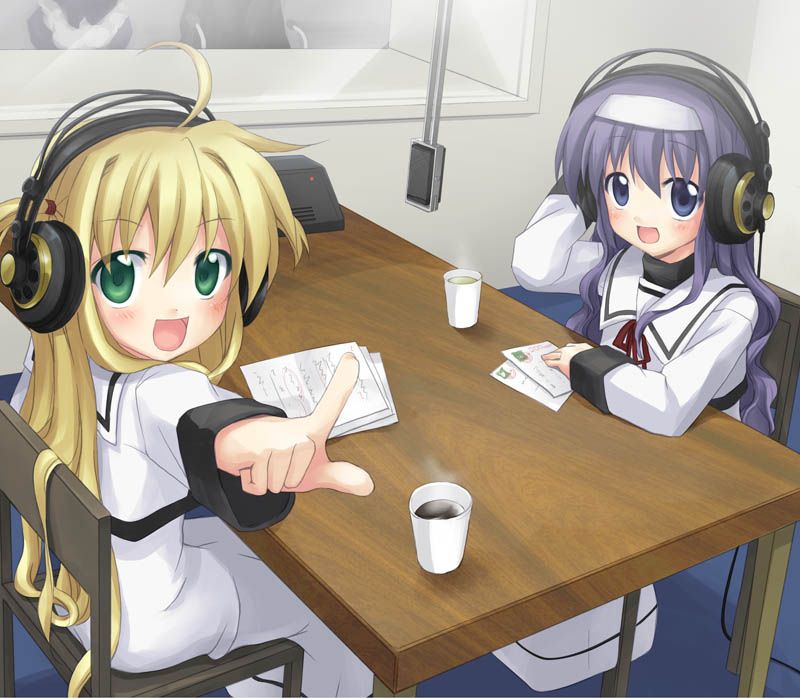 minamura haruki, arisa bunnings, tsukimura suzuka, akg, lyrical nanoha, mahou shoujo lyrical nanoha, 00s, 2girls, akg k-series headphones, foreshortening, headphones, multiple girls, pointing, radio booth, studio