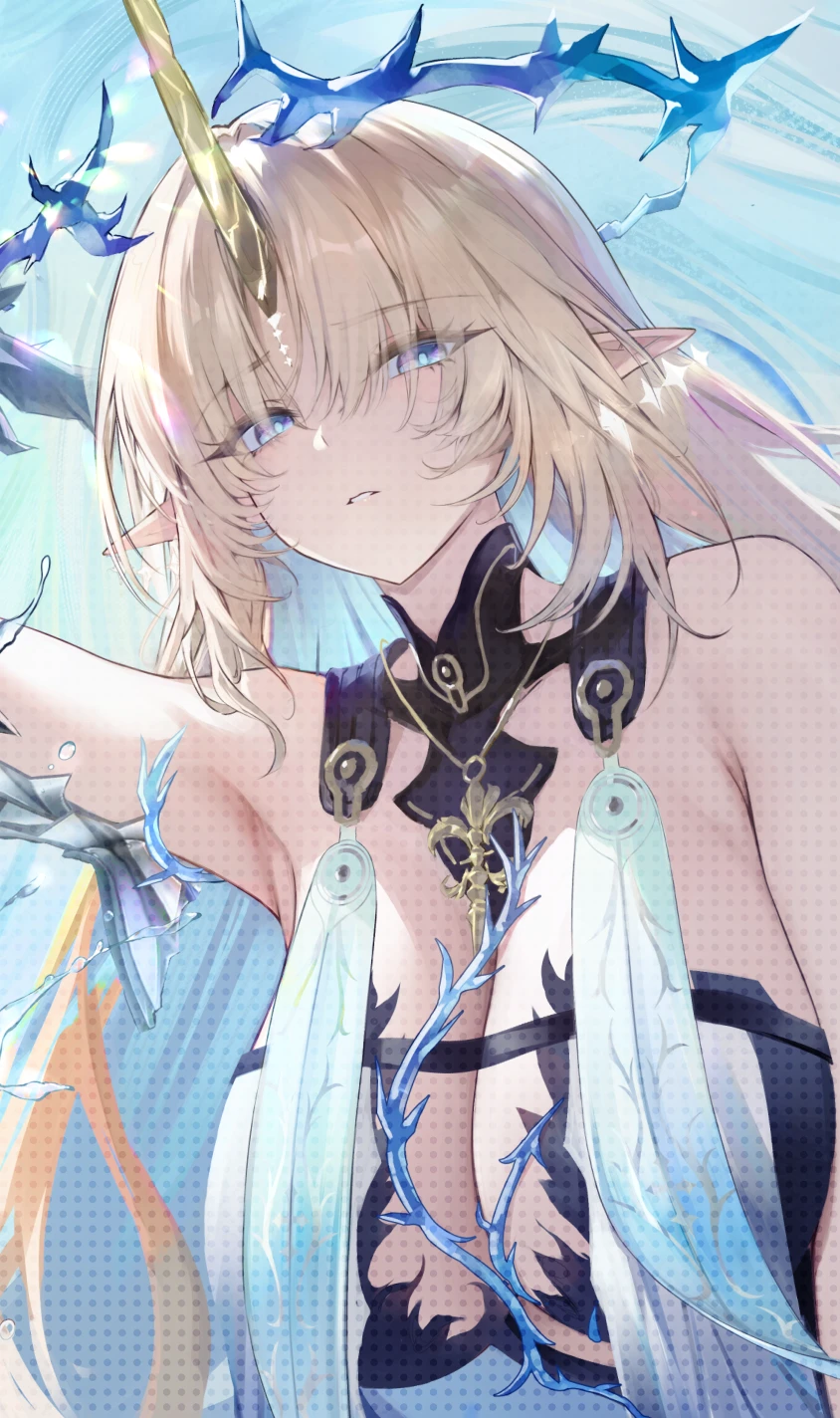 meisansan, fleurdelys (wuthering waves), wuthering waves, highres, unfinished, 1girl, armpit crease, armpits, bare shoulders, ben-day dots, black collar, blonde hair, blue eyes, blue hair, blue pupils, breasts, bubble, collar, colored inner hair, crown of thorns, earrings, floating earrings, horns, huge breasts, jewelry, long hair, long horns, looking at viewer, missing commentary, multicolored hair, necklace, parted bangs, parted lips, pointy ears, screentones, sidelocks, single horn, solo, tacet mark (wuthering waves), upper body, yellow horns