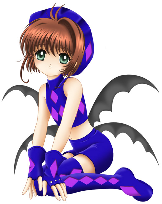 flipper, kinomoto sakura, kinomoto sakura (dark night), cardcaptor sakura, blue legwear, 1990s (style), 1girl, blue boots, blue shirt, boots, brown hair, child, demon wings, female focus, fingerless gloves, full body, gloves, green eyes, hat, kneeling, looking at viewer, midriff, navel, purple hat, retro artstyle, shirt, short hair, short shorts, shorts, simple background, sitting, smile, solo, white background, wings