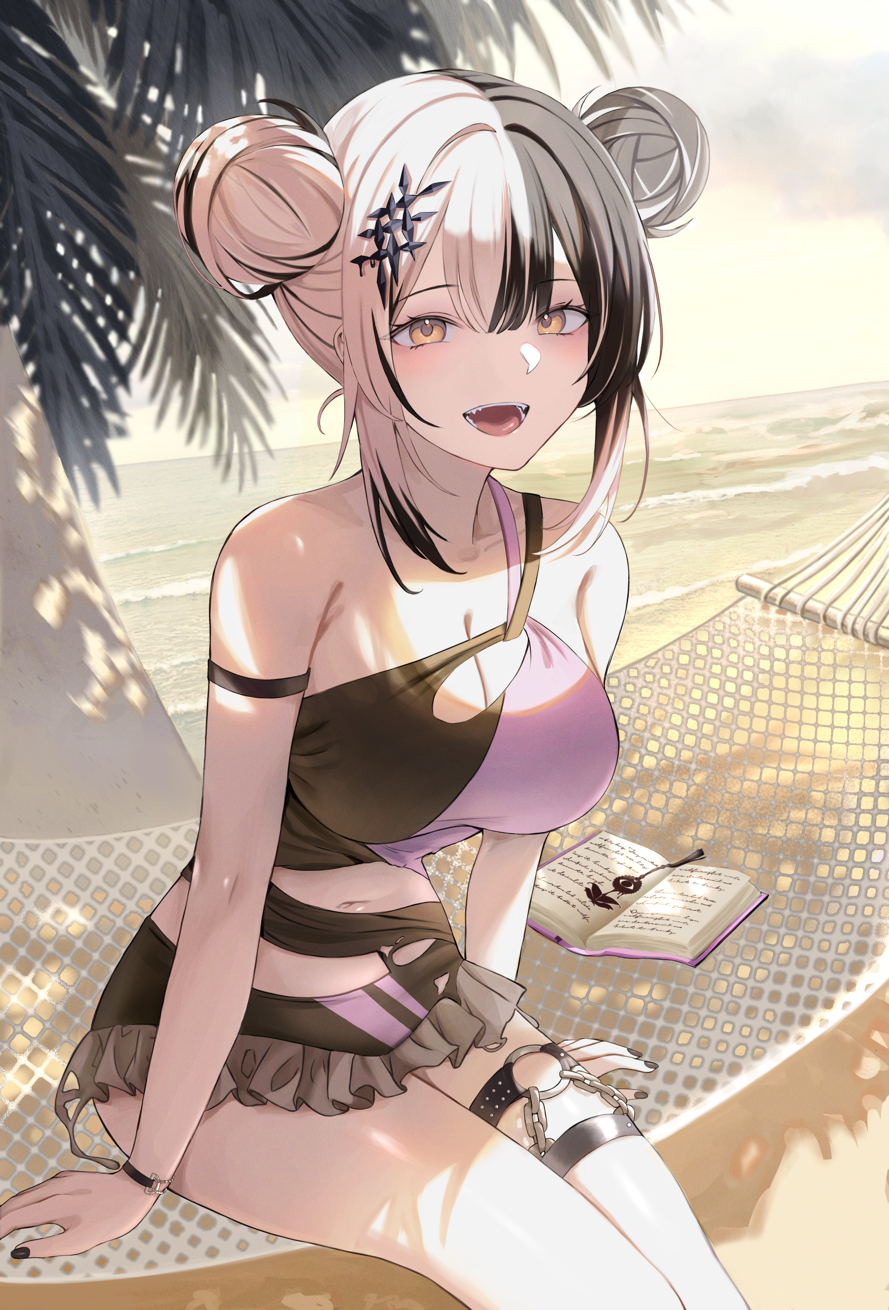 umirunie, shiori novella, shiori novella (holonatsu paradise), hololive, hololive english, absurdres, commentary, highres, 1girl, arm strap, bare shoulders, beach, bikini, black bikini, black hair, black nails, blush, book, breasts, day, double-parted bangs, double bun, feet out of frame, fingernails, frilled bikini, frills, grey hair, hair between eyes, hair bun, hair ornament, hammock, large breasts, long fingernails, looking at viewer, multicolored bikini, multicolored hair, nail polish, navel, o-ring, o-ring thigh strap, ocean, official alternate costume, official alternate hairstyle, open book, open mouth, outdoors, palm tree, purple bikini, shore, sitting, smile, solo, split-color hair, swimsuit, thigh strap, tree, two-tone bikini, two-tone hair, virtual youtuber, yellow eyes