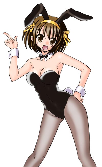 c-chaos, suzumiya haruhi, suzumiya haruhi no yuuutsu, 00s, animal ears, brown hair, fake animal ears, leotard, pantyhose, playboy bunny, rabbit ears, short hair, solo