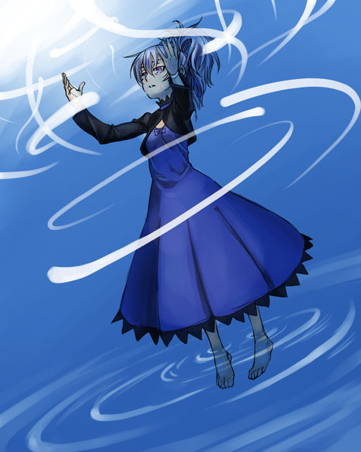 satou atsuki, yin (darker than black), darker than black, 00s, 1girl, barefoot, blue dress, blue theme, dress, feet, female focus, pantyhose, solo, water