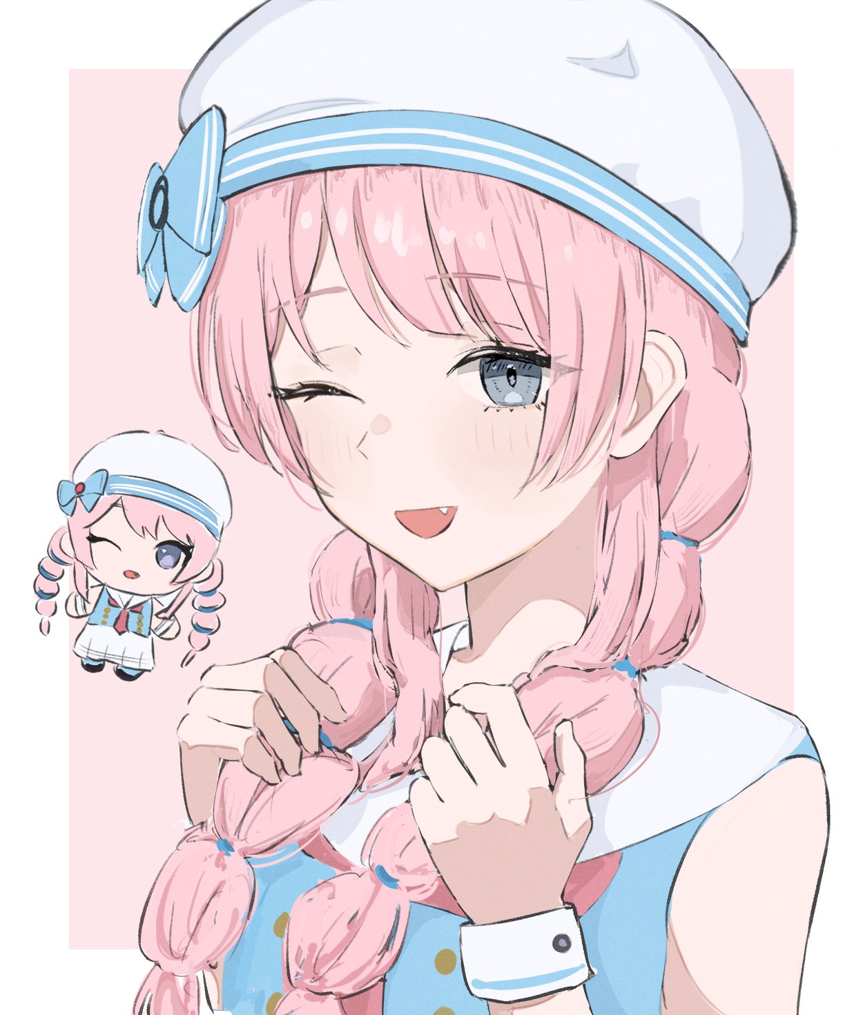 opuricheri, chihaya anon, bang dream!, bang dream! it's mygo!!!!!, commentary request, highres, 1girl, beret, blue bow, blue shirt, blush, border, bow, braid, fang, grey eyes, hat, hat bow, long hair, one eye closed, open mouth, outside border, pink background, pink hair, sailor collar, sailor shirt, shirt, simple background, sleeveless, sleeveless shirt, solo, twin braids, white border, white hat, white sailor collar, white wrist cuffs, wrist cuffs