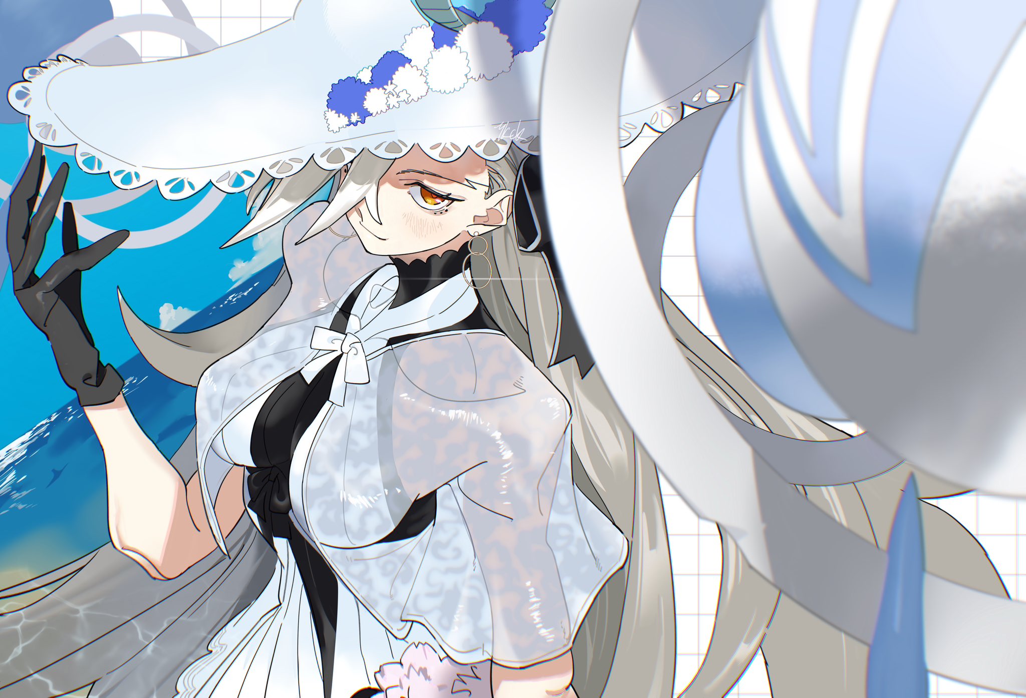 himuro yukichiko, olga marie animusphere, u-olga marie, u-olga marie (first ascension), fate/grand order, fate (series), highres, 1girl, black gloves, breasts, capelet, detached horns, dress, earrings, gloves, grey hair, hat, hoop earrings, horns, huge horns, jewelry, large hat, long hair, looking at viewer, ocean, orange eyes, ribbon, see-through capelet, see-through clothes, sun hat, white capelet, white dress, white ribbon