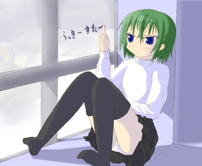 iwasaki minami, lucky star, 00s, blue eyes, green hair, panties, thighhighs, underwear