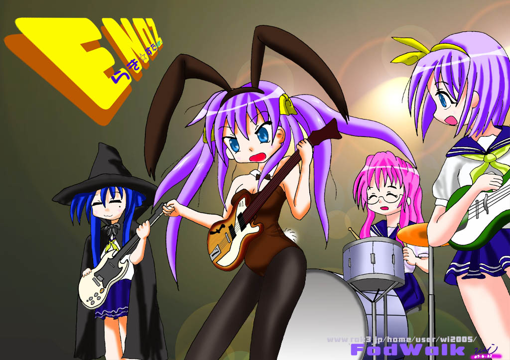 hiiragi kagami, hiiragi tsukasa, izumi konata, takara miyuki, lucky star, suzumiya haruhi no yuuutsu, bunny girl, 4girls, bad anatomy, band (music), crossover, drum, glasses, guitar, instrument, mole, mole under eye, multiple girls, pantyhose, parody, poorly drawn, school uniform, serafuku, siblings, sisters, standing, twins