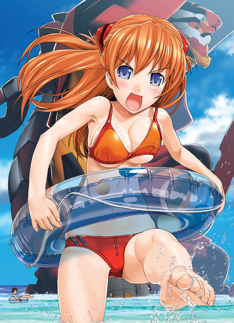 black olive, sugaishi, sugaishi (unbr), eva 02, ikari shinji, souryuu asuka langley, neon genesis evangelion, alternate breast size, toe-point, 1boy, 1girl, angry, barefoot, beach, bikini, blue eyes, breasts, cleavage, day, feet, humanoid robot, innertube, large breasts, long hair, mecha, mecha pilot suit, orange hair, outdoors, plugsuit (evangelion), robot, splashing, swim ring, swimsuit, toes, underboob, water