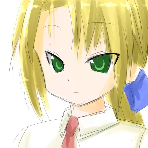 kuroi nanako, lucky star, tagme, 00s, 1girl, blonde hair, blue bow, bow, collared shirt, female focus, green eyes, hair bow, long hair, looking at viewer, necktie, ponytail, red necktie, ribbon, shirt, simple background, sketch, solo, teacher, upper body, white background, white shirt