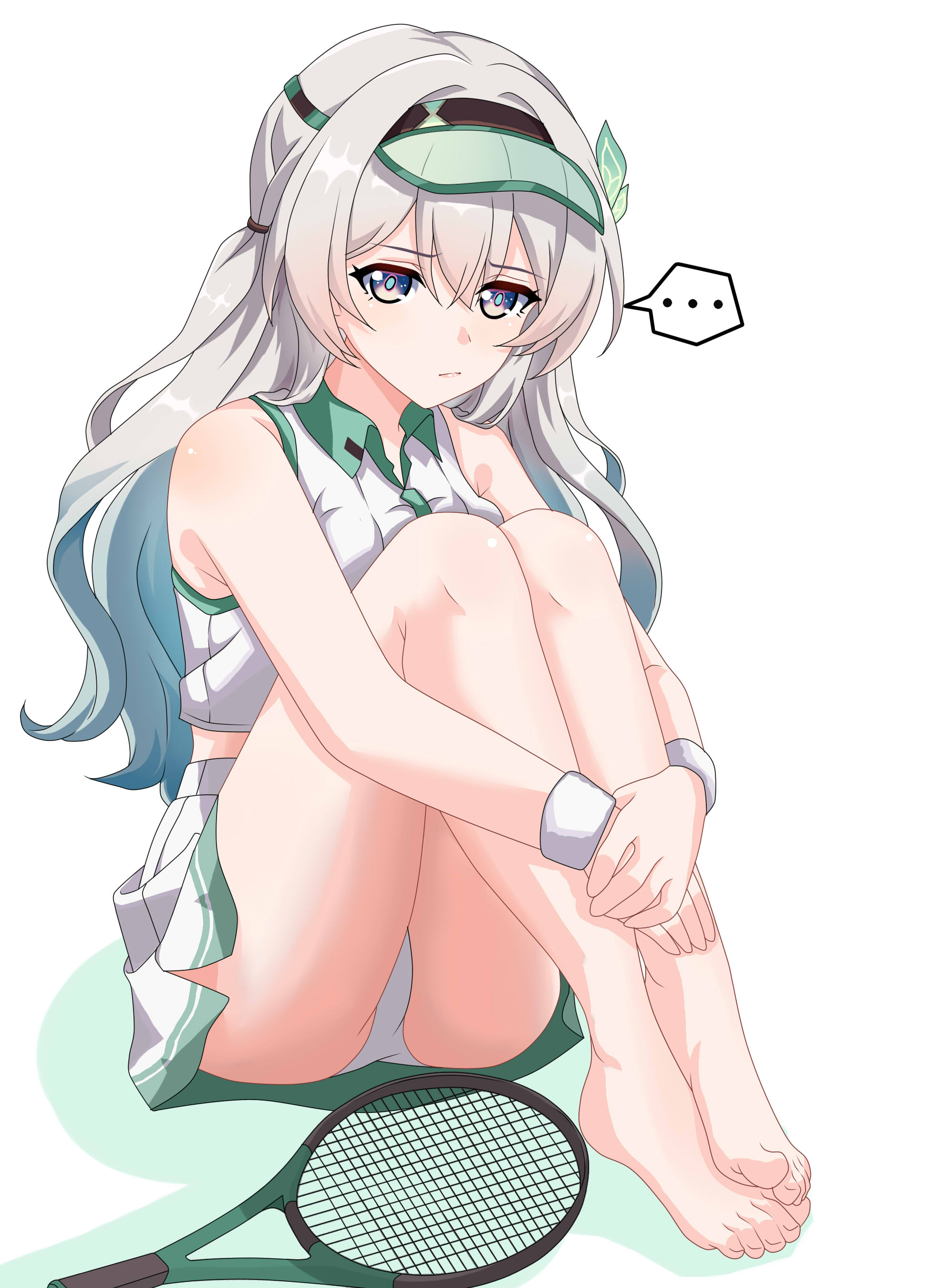 maxwelzy, firefly (honkai: star rail), honkai: star rail, honkai (series), absurdres, commentary, highres, …, 1girl, :/, alternate costume, aqua pupils, bare shoulders, barefoot, black hairband, blue eyes, breasts, closed mouth, collared shirt, crop top, feet, full body, gradient hair, green hair, green visor, grey hair, hair between eyes, hair ornament, hairband, knees up, light blush, long hair, looking at viewer, medium breasts, multicolored eyes, multicolored hair, panties, pout, racket, shirt, sitting, skirt, sleeveless, sleeveless shirt, solo, spoken ellipsis, sportswear, sweatband, tennis racket, tennis uniform, thighs, toes, two-tone eyes, underwear, visor cap, white panties, white shirt, white skirt, wristband, yellow eyes