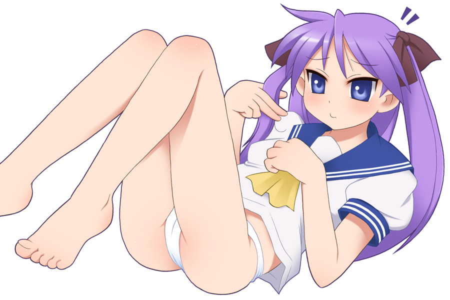 kurappii, hiiragi kagami, lucky star, 00s, barefoot, no pants, panties, school uniform, serafuku, solo, tsurime, underwear