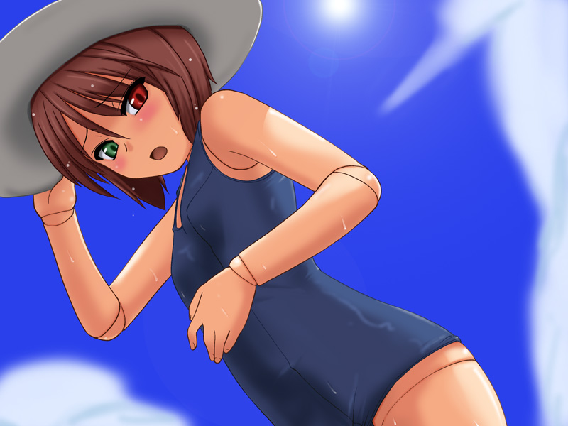 boku, souseiseki, rozen maiden, 00s, brown hair, doll joints, hat, joints, short hair, sweat, swimsuit