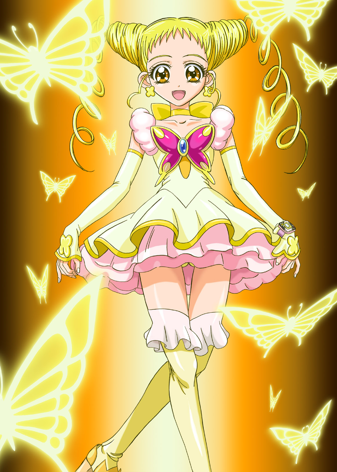 inanaki shiki, cure lemonade, kasugano urara (yes! precure 5), precure, yes! precure 5, highres, 00s, 1girl, blonde hair, bug, butterfly, choker, crossed legs, detached sleeves, dress, drill hair, earrings, female focus, flat chest, frills, insect, jewelry, long hair, magical girl, orange eyes, panties, short dress, sitting, solo, thigh gap, thighhighs, thighs, twin drills, underwear, yellow panties, yellow thighhighs, zettai ryouiki