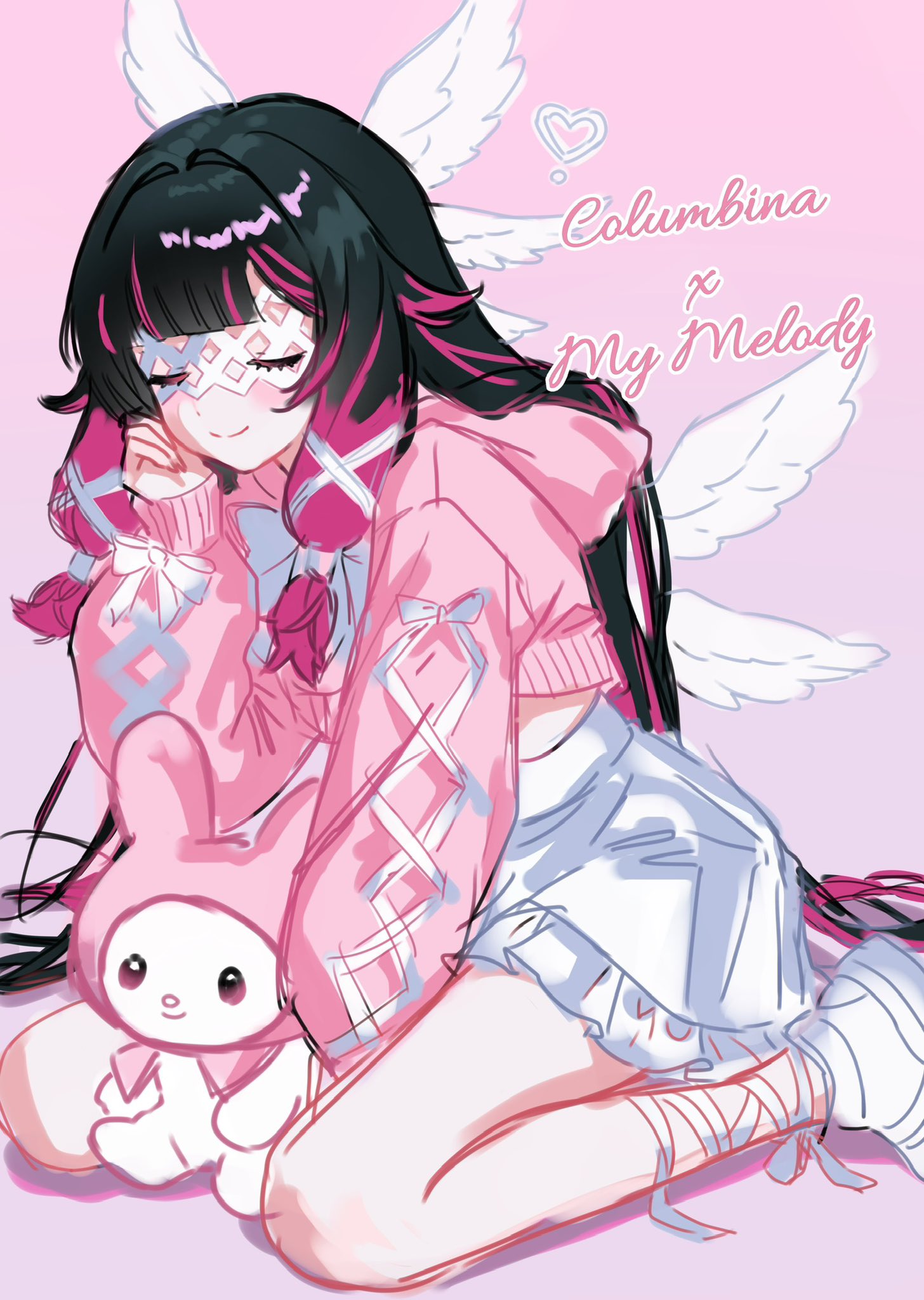 columbina (genshin impact), my melody, genshin impact, onegai my melody, sanrio, highres, 1girl, alternate costume, angel wings, bandaged leg, bandages, black hair, blunt bangs, blush, bow, clenched hand, closed eyes, closed mouth, crop top, cropped hoodie, cross-laced clothes, cross-laced sleeves, crossover, eye mask, eyelashes, facing viewer, feathered wings, frilled skirt, frills, hair ribbon, hand between thighs, hand up, head wings, hood, hood down, hoodie, large bow, long hair, multicolored hair, multiple wings, pink background, pink hair, pink hood, pink hoodie, punchingcookies, ribbon, seiza, shoes, sitting, sketch, skirt, sleeve bow, smile, solo, streaked hair, tress ribbon, white bow, white mask, white ribbon, white shoes, white skirt, white wings, wings