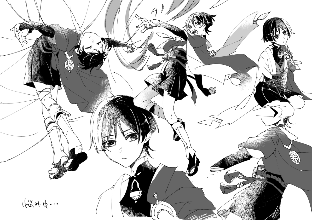 scaramouche (genshin impact), wanderer (genshin impact), genshin impact, 1boy, adxdm, arched back, arm at side, belt, blunt ends, bow, bridal gauntlets, bridal legwear, cape, closed eyes, closed mouth, facing viewer, fingernails, gem, greyscale, hakama, hakama shorts, hand up, japanese clothes, juban, kimono, leg warmers, looking at viewer, male focus, monochrome, multiple views, open mouth, outstretched arms, pleated shorts, rope, sandals, shorts, sitting, sketch, solo, stirrup legwear, string, teeth, toeless legwear, upper teeth only, vision (genshin impact), wariza, white background, wind, wispy bangs, zouri