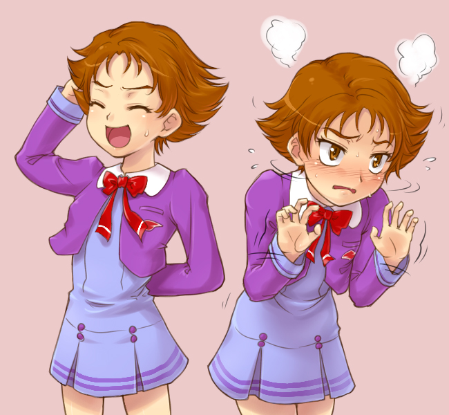 natsuki rin, precure, yes! precure 5, eyebrows, tagme, 00s, 1girl, blush, brown eyes, brown hair, closed eyes, facing viewer, feet out of frame, female focus, open mouth, short hair, simple background, solo, sweatdrop