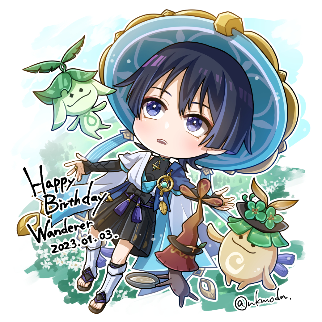 aranara (genshin impact), scaramouche (genshin impact), wanderer (genshin impact), genshin impact, 1boy, adxdm, aqua gemstone, armor, belt, black belt, black bodysuit, black bow, black bridal gauntlets, black sandals, black shorts, blue cape, blue hat, blue kimono, blue sleeves, blunt ends, bodysuit, bow, bridal gauntlets, cape, clothing cutout, feathers, flower, full body, gem, gold, gold ring, green flower, hakama, hakama shorts, hat, hip vent, japanese armor, japanese clothes, jingasa, juban, kimono, kote, kurokote, layered sleeves, leg warmers, looking up, male focus, mandarin collar, middle ring, multicolored hair, open clothes, open hands, open kimono, open mouth, outstretched arms, plate, pleated shorts, pom pom (clothes), purple eyes, purple hair, purple rope, purple sash, rope, sandals, sash, short sleeves, shorts, shoulder peek, streaked hair, tassel, teeth, toeless legwear, toes, upper teeth only, vision (genshin impact), white flower, white kimono, white leg warmers, white sleeves, wispy bangs, yellow feathers, zouri