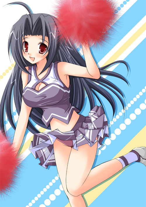 black hair, breasts, cheerleader, clothes lift, large breasts, legs, long hair, panties, pom pom (cheerleading), red eyes, school uniform, serafuku, skirt, skirt lift, socks, underwear