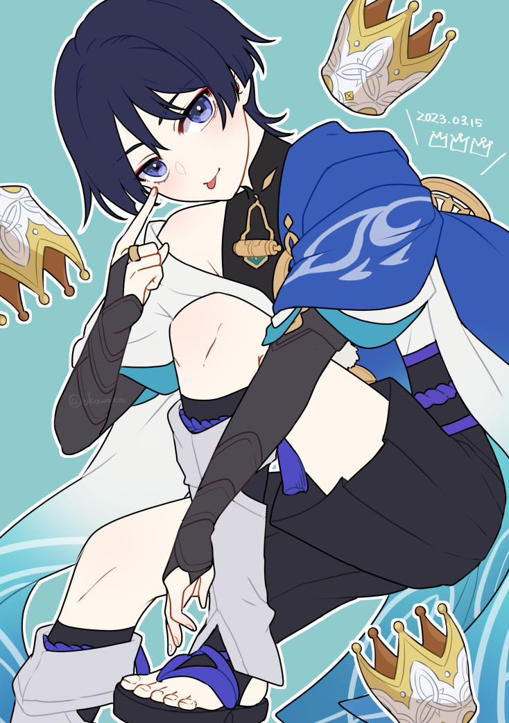scaramouche (genshin impact), wanderer (genshin impact), genshin impact, 1boy, adxdm, akanbe, armor, armpit crease, belt, black belt, black bodysuit, black bridal gauntlets, black hair, black sandals, black shorts, blue background, blue cape, blue sleeves, blunt ends, bodysuit, bridal gauntlets, bridal legwear, cape, crown, dated, eyelid pull, eyeliner, eyeshadow, finger to eye, furisode, gold crown, gold ring, hakama, hakama shorts, index finger raised, japanese armor, japanese clothes, kimono, knee up, kote, kurokote, layered sleeves, leg warmers, looking at viewer, makeup, male focus, mandarin collar, middle ring, pleated shorts, purple eyes, purple rope, purple sash, red eyeliner, red eyeshadow, rope, sandals, sash, short sleeves, shorts, single off shoulder, solo, stirrup legwear, toeless legwear, toenails, toes, tongue, tongue out, tsurime, twitter username, white leg warmers, white sleeves, white trim, wispy bangs, zouri