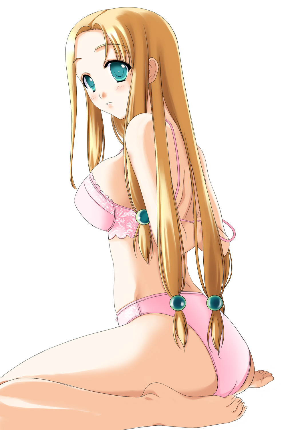tenka taihei, highres, aqua eyes, barefoot, blonde hair, bra, lingerie, long hair, panties, pink bra, pink panties, simple background, underwear, undressing