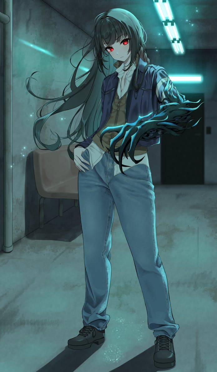 azuki (azuki azukki), alex mercer, original, prototype (game), commission, skeb commission, alex mercer (cosplay), black hair, black shoes, claws, cosplay, denim, flat chest, full body, glowing, glowing eyes, hime cut, hood, hood down, hoodie, indoors, jacket, jeans, mutation, name connection, open clothes, open jacket, pale skin, pants, partially unzipped, shoes