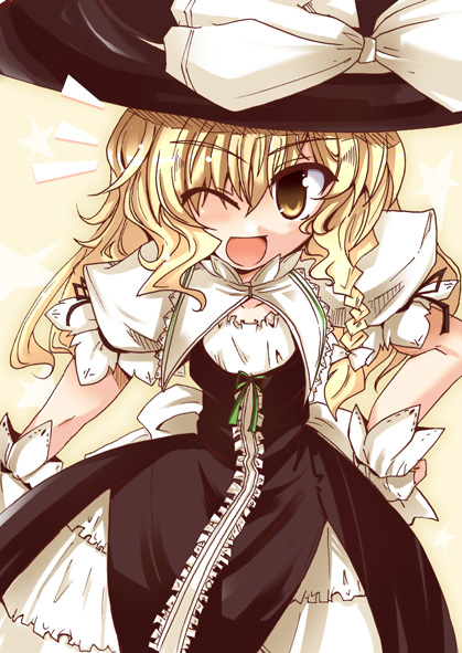 shirogane (platinum), kirisame marisa, touhou, 1girl, blonde hair, braid, female focus, hand on own hip, hat, hat ribbon, long hair, one eye closed, ribbon, side braid, solo, wings, wrist cuffs, yellow eyes
