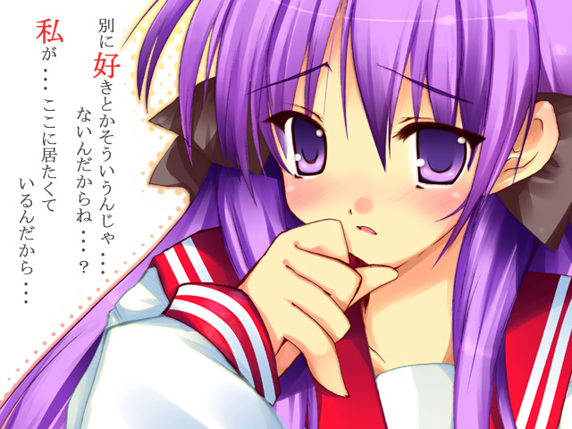 sakura hanpen, hiiragi kagami, lucky star, 00s, 1girl, blush, close-up, collarbone, crying, crying with eyes open, female focus, frown, hair ribbon, long sleeves, looking at viewer, nose blush, purple eyes, purple hair, ribbon, school uniform, serafuku, shirt, sidelocks, solo, sweatdrop, teardrop, tears, white shirt