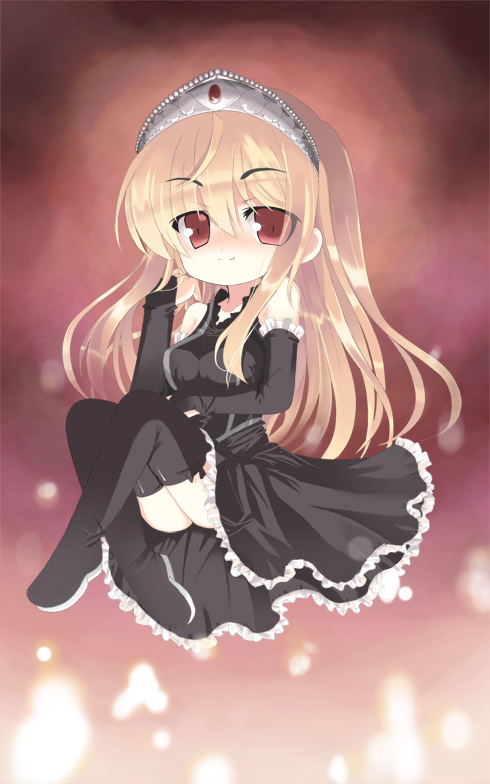 omiso, omiso (omiso), hime (kaibutsu oujo), kaibutsu oujo, 00s, 1girl, blonde hair, crown, dress, female focus, frills, goth fashion, hat, red eyes, smile, solo, thighhighs, tiara, zettai ryouiki