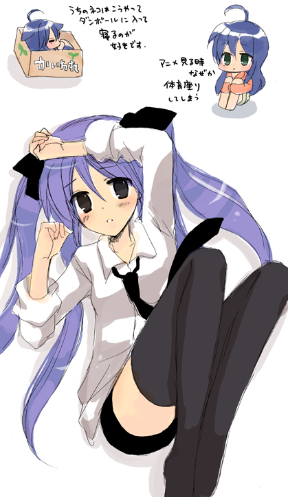 yunico, hiiragi kagami, izumi konata, lucky star, 00s, blush, bottomless, chibi, necktie, no pants, purple hair, school uniform, serafuku, thighhighs, zettai ryouiki
