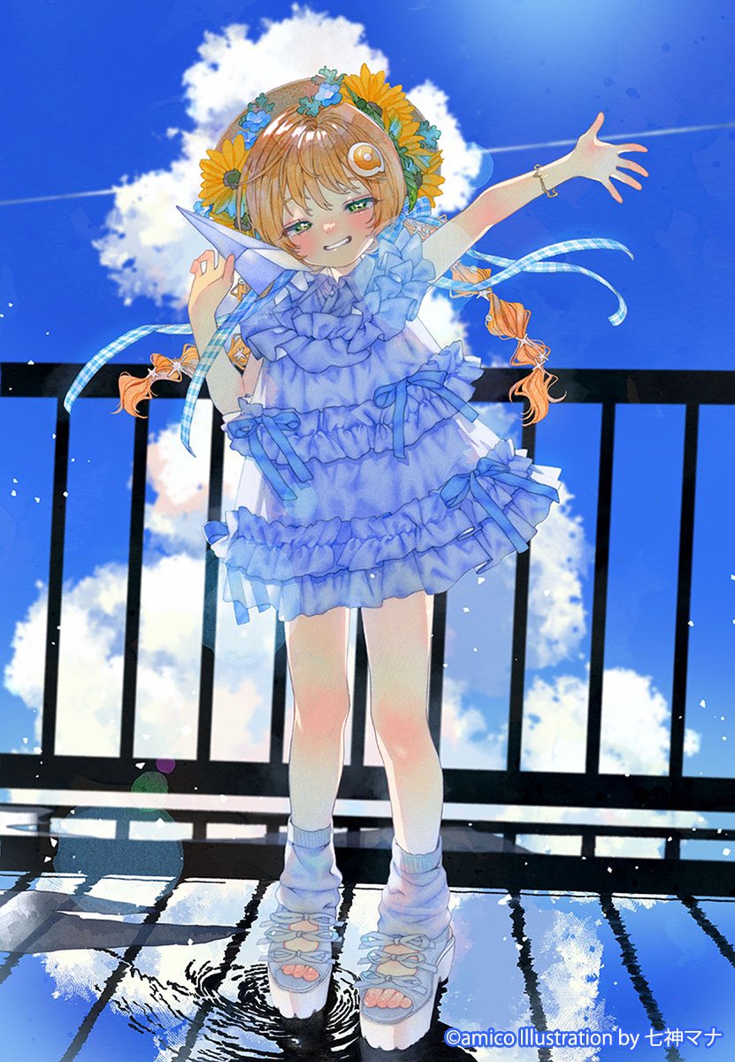 nanakami mana, amiami (company), original, highres, 1girl, blonde hair, blue sky, blush, braid, cloud, dress, frilled dress, frills, full body, green eyes, hat, long hair, looking at viewer, paper airplane, railing, ripples, sky, smile, solo, sunlight, twin braids, water, waving