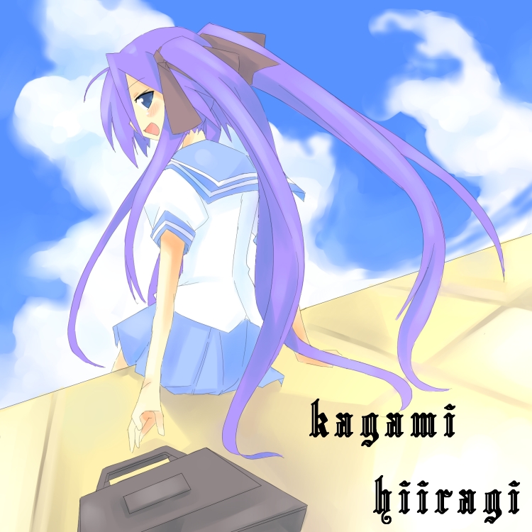 kanikama, hiiragi kagami, lucky star, 00s, 1girl, blue eyes, blue skirt, briefcase, buckle, character name, female focus, from behind, long hair, looking at viewer, looking back, pink hair, pleated skirt, puffy short sleeves, puffy sleeves, sailor collar, school briefcase, school uniform, serafuku, shirt, short sleeves, simple background, skirt, solo, twintails, very long hair, white shirt