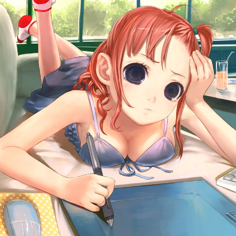 uni (plastic girl), wacom, 1girl, blue eyes, breast press, breasts, cleavage, cup, drawing tablet, dress, drinking glass, female focus, lying, on stomach, red hair, socks, solo