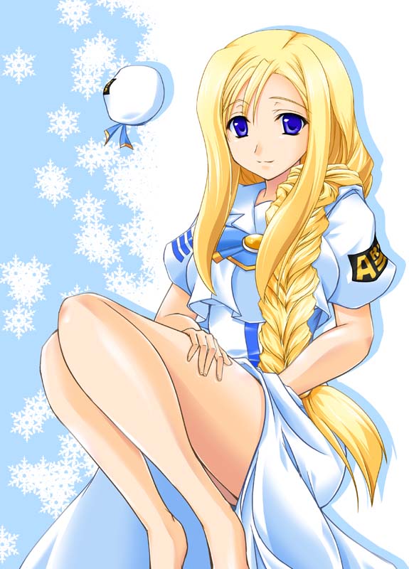 maho (yakimorokoshi), alicia florence, aria (manga), 00s, 1girl, barefoot, blonde hair, blouse, blue eyes, braid, dress, female focus, shirt, solo, white shirt